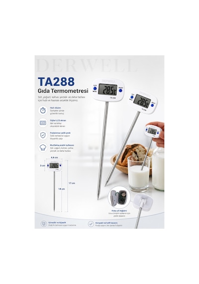 Ta-288 Dijital Mutfak Termometresi Paslanmaz Çelik Saplamalı Prob Yemek Süt Yoğurt Mangal Isı Ölçer Geniş Lcd Ekranlı Derece Hızlı Ölçüm Modu Santigrat Fahrenheit Ayarlı Pratik Gıda Termometre