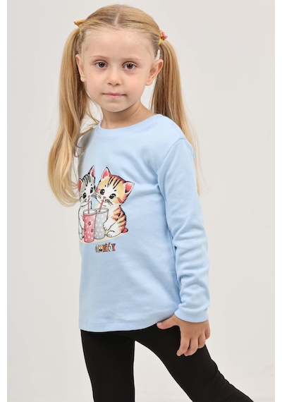 Toontoy Kız Çocuk Regular Fit Bisiklet Yaka Baskılı Sweatshirt - Tk24803 Mavi