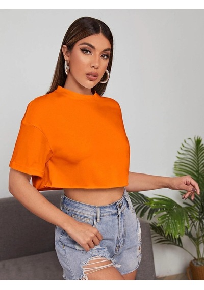 Flood Of Style Kadın Turuncu Bisiklet Yaka Oversize Crop T-shirt