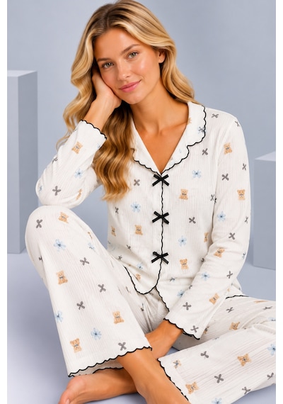 Pijamask Kadın Desenli Fiyonk Detaylı Düğmeli Uzun Kollu Müslin Pijama Takımı Beyaz-22