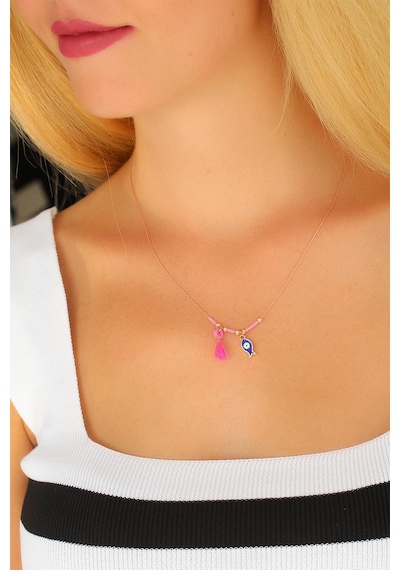 Nazar Boncuklu Pembe Renk Taşlı Rose Bayan Kolye - Tj-bko4372 Çok renkli