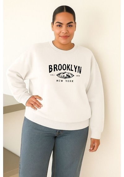 Benroma 3 İplik Penye Brooklyn Baskılı Büyük Beden Unisex Sweatshırt Çok Renkli