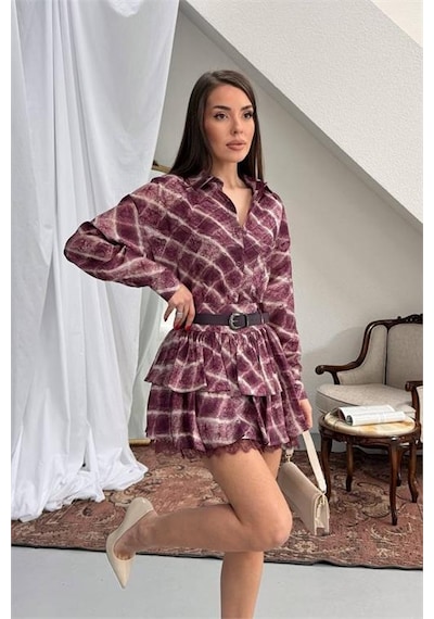 Neşeli Butik Kadın Bordo Gömlek Yaka Kat Kat Ekose Desen Mini Elbise Nbnp025 Bordo
