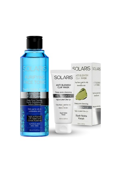 Solaris Kil Maskesi Yağlı Ve Lekeli Ciltler İçin 100 Ml Ve Yağlı Ve Karma Ciltler Için Siyah Nokta Karşıtı Arındırıcı Yüz Temizleme Toniği 200 Ml