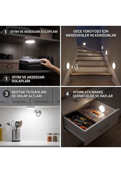 Hareket Sensörlü Led Gece Lambası Şarj Edilebilir Dolap Merdiven Duvar Aydınlatma Beyaz Renk Yuvarlak Yapışkan Mıknatıs Manyetikli