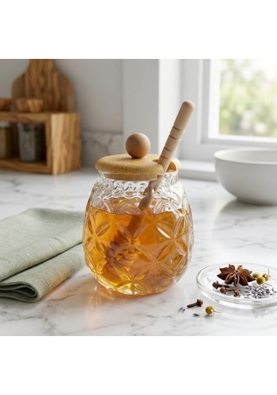 Bambu Kapaklı Cam Bal Kavanozu 350ml Kaşıklı & Şık Sunum Kavanozu Doğal Ahşap Kapaklı Cam Bal Saklama Kabı 7009