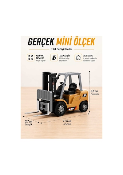 Uzaktan Kumandalı Şarjlı Mini Forklift 1:64 Die-cast Metal - Römorklu Çatallı Kancalı Tam Set 11 Cm Çok Renkli
