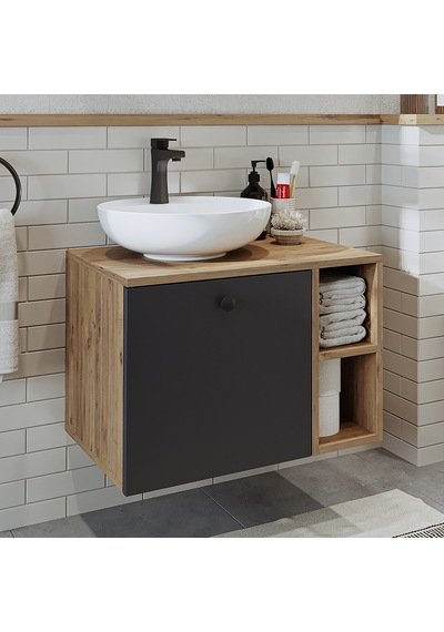 Ayaksız Lavabolu Mdflam 65 Cm Çekmeceli Banyo Dolabı Atlantik Çam - Antrasit