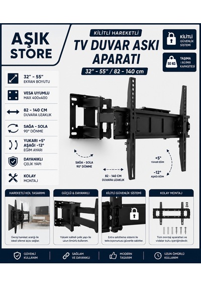 Hareketli Tv Askı Aparatı 32 55" Vesa 400 400 50 Kg