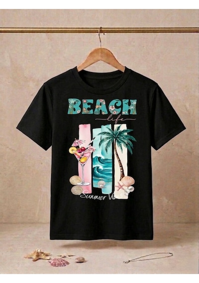 Beach Baskılı Oversize Kompak T-shirt Siyah