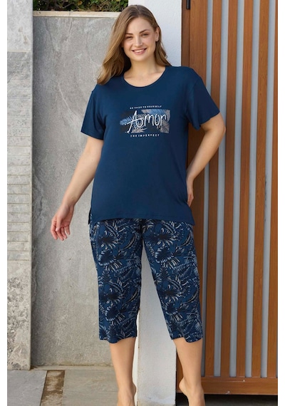 Aydoğan Kadın İnci Büyük Beden Lacivert Kapri Pijama Takım 0278 Lacivert