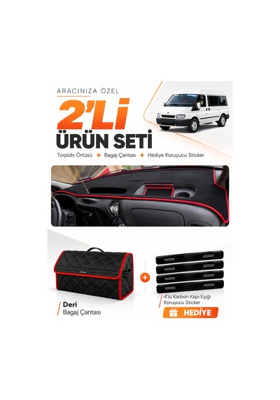 Ford Transit 2001-2006 Uyumlu Torpido Örtüsü + Deri Bagaj Çantası + Sticker Seti - Siyah Kırmızı