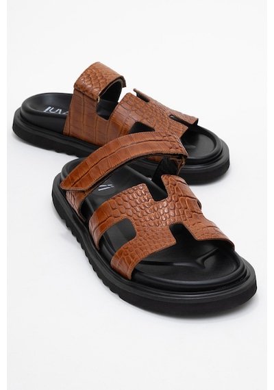 Luvishoes Luvi Shoes Loana Taba Baskı Hakiki Deri Kadın Terlik Taba