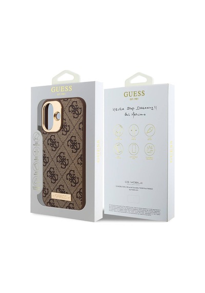 Apple Uyumlu iPhone 16 Plus Kılıf Guess Lisanslı Magsafe Özellikli Pu 4g Desenli Metal Klasik Logolu Kahverengi
