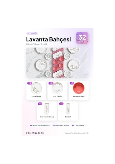 Tr Lavanta Bahçesi Yuvarlak 32 Parça 12 Kişilik Lüx Kahvaltı Takımı Seti Genel