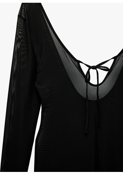 Koton V Yaka Uzun Kollu Slim Fit Tül Plaj Elbisesi Siyah 6sak80029mk