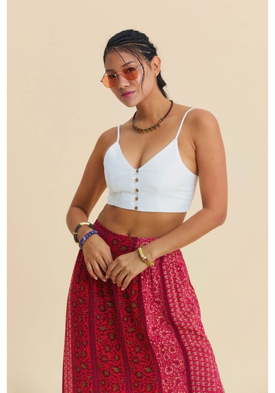 İnce Askılı Düğme Detaylı Crop Bluz Beyaz