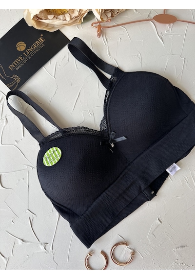 Celine C Cup Bambu Hisli Ultra Rahat Polamid Kumaştan Dokulu Dant Siyah