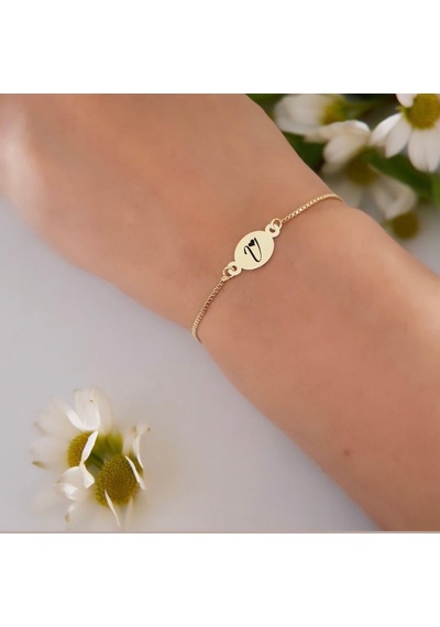 Archin V Harfine Özel Zincirli 14 Ayar Altın Plakalı Oval Motifli Hediye Bileklik-399harf V