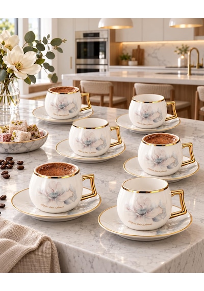 Valkyrie Magnolia Serisi 12 Parça 6 Kişilik 100 Ml Gold Çiçek Desenli Türk Kahvesi Fincan Takımı Beyaz Altın