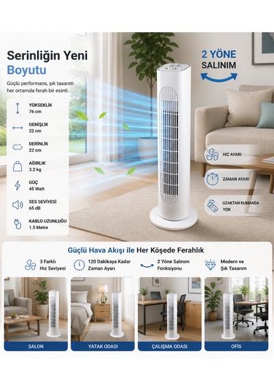 45w Kule Tipi Vantilatör Beyaz 76 Cm, 2 Yöne Salınımlı, Zaman Ayarlı Sessiz Vantilatör