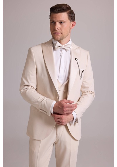 Ysf Erkek Krem Slim Fit Kırlangıç Yaka Yelekli Damatlık