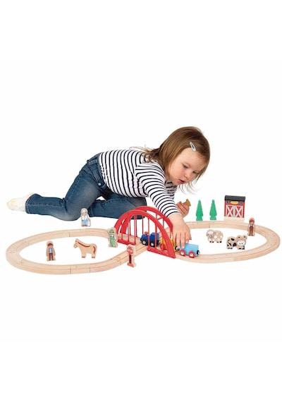 Squirrel Play 35 Parça Ahşap Tren Seti - 208 Cm Ray Uzunluğu - Köprülü Ve Figürlü Eğitici Oyuncak