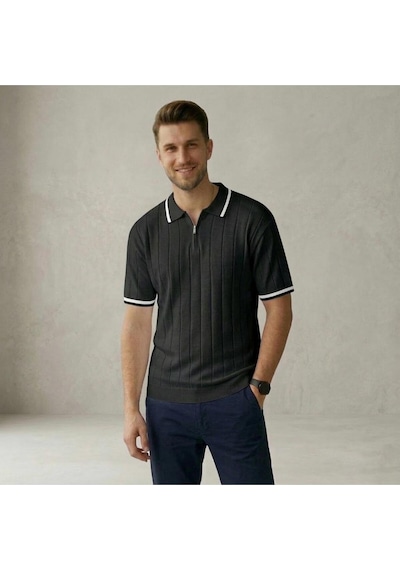 Fermuarlı Polo Yaka Kısa Kollu Triko T-shirt SIYAH
