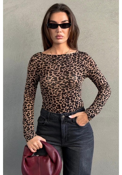 Seeh Leopar Kayık Yaka Uzun Kollu Body Sh322