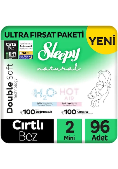 Sleepy Natural Double Soft Ultra Fırsat Paketi Bebek Bezi 2 Numara Mini 96 Adet