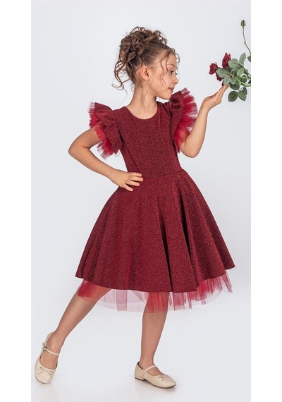 Mnk Baby & Kids Simli Şanzelize Kız Çocuk Abiye Elbise M00669 Bordo