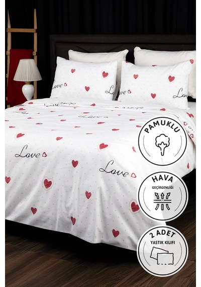 Royal Love Lastikli Çarşaflı Çift Kişilik Nevresim Takımı - Beyaz Beyaz