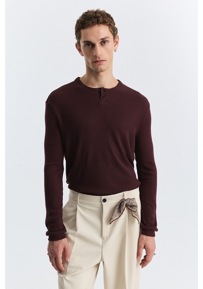 Antioch Tek Düğme Fitilli Uzun Kollu T-shirt Bordo
