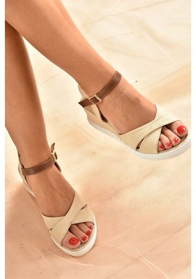 Fox Shoes Bej Keten Kadın Dolgu Topuklu Ayakkabı K674305005