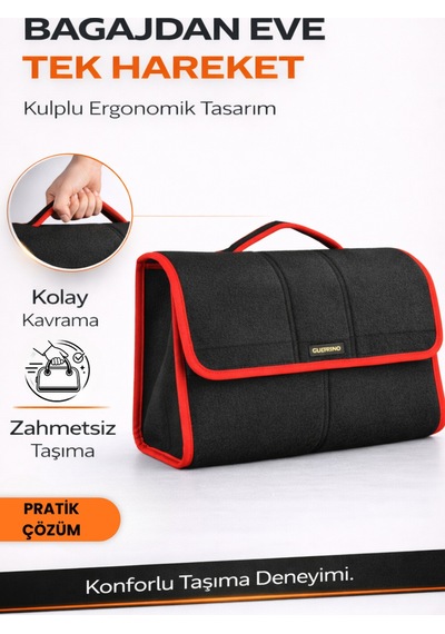 Oto Bagaj Organizer Bagaj Çantası L Boy Kaymaz Cırt Bantlı Velur Kompakt - Siyah Kırmızı