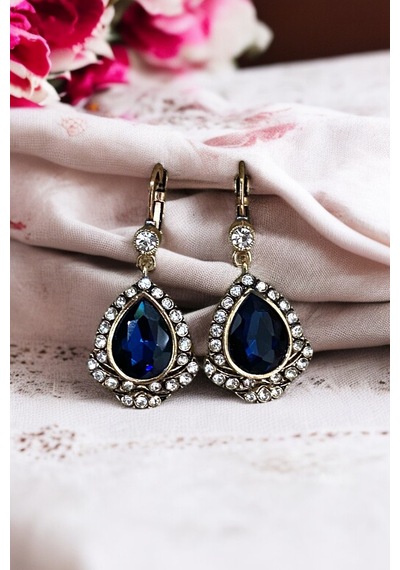 Kristal Taşlı Antik Bronz Su Damlası Küpe Mavi