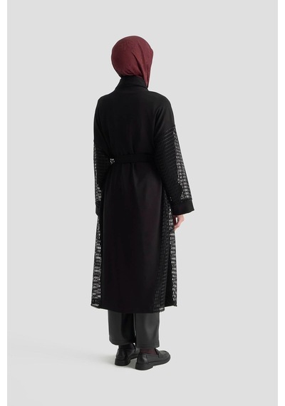 Armine Trend File Ve Broş Detaylı Kemerli Uzun Hırka Siyah 25kt561 Siyah