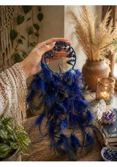 Düş Kapanı Doğal Taşlı Hayat Ağacı Sodalit Taşlı Mavi Dreamcatcher Duvar Süsü Rüya Kapanı