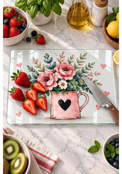 Gökçeoğlu Cam Kesme Tahtası Pembe Kupada Çiçek Temalı - Cam Kesme Tablası 20cm X 30cm Çok Renkli