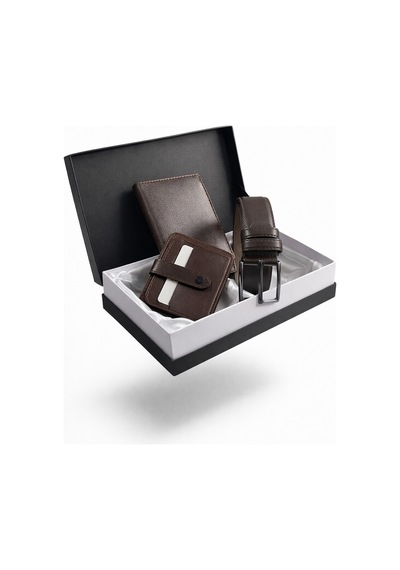 Tisaati Özel Grande Lüks Premium Serisi Damat Çeyiz Dikey Classic Cüzdan Kemer Ve Kartlık Çeyiz Kutulu Seti Kahverengi
