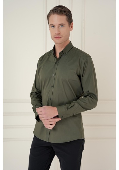 Efor Slim Fit Düğmeli Yaka Esnek Klasik Haki Gömlek Gk 746 Haki