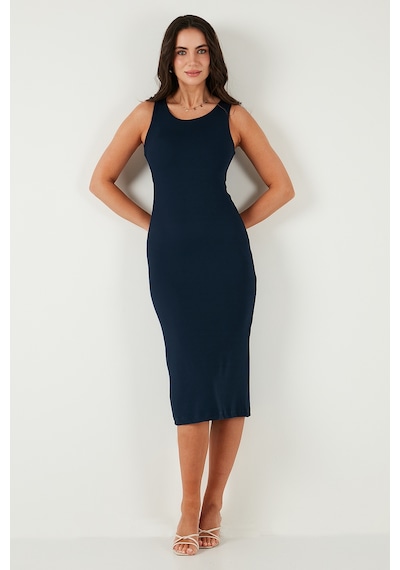 Lela Fitilli Slim Fit Bisiklet Yaka Yırtmaçlı Midi Boy Bayan Elbise 5866101 Lacivert