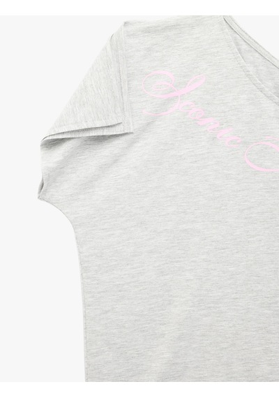 Koton Viskon Karışımlı Slim Fit Kısa Kollu Omzu Açık Baskılı Tişört Kar Melanj 6sal10912ık Gri Melanj