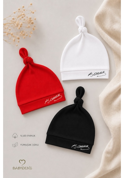 Babyden's Atatürk İmzalı Yenidoğan Bebek Şapka Seti 3 Lü Paket %100 Pamuklu Unisex Bebek Bere Takımı Beyaz - Kırmızı - Siyah