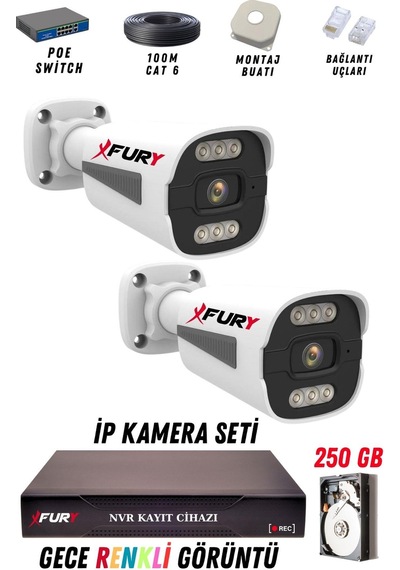 Fury 2 Kameralı Ip Güvenlik Kamerası Seti 4mp Gece Renkli Su Geçirmez 1506 250gb