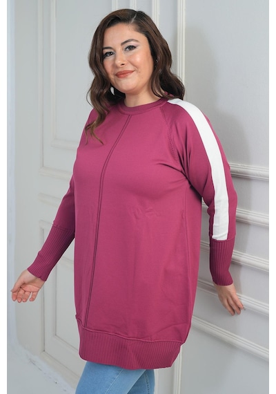 By Saygı Kadın Kolları Şeritli Büyük Beden Tunik Bluz-41842 Mor