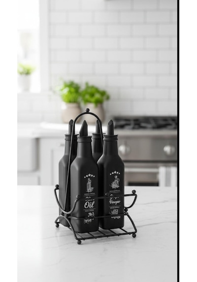 Black Desen 4'lü Yağlık Metal Standlı Set Siyah