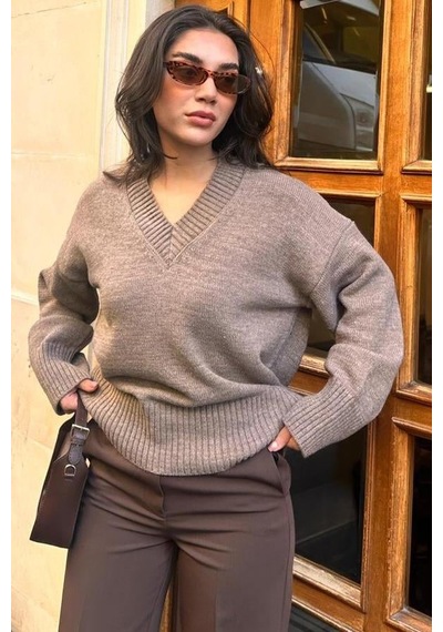 Madmext Vizon V Yaka Oversize Kadın Triko Kazak Mg2149 Vizon