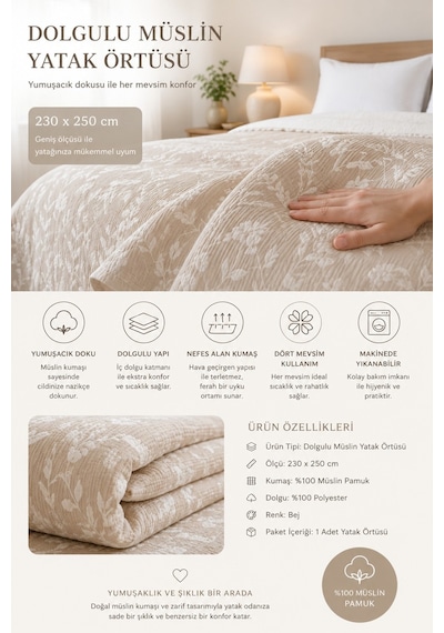 Bloomy Müslin Yatak Örtüsü Pike Çift Kişilik Yumuşak Dokulu Nefes Alan 4 Mevsim Örtü 230x250 Çeyiz&günlük Bej