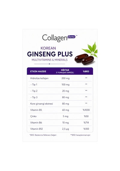 Collagen Forte Platinum Ginseng Plus Multivitamin & Mineraller Collagen Tip 1-2-3 30 Kapsül